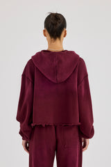 Washed Boxy Fit Zip Through Hoodie - Burgundy
