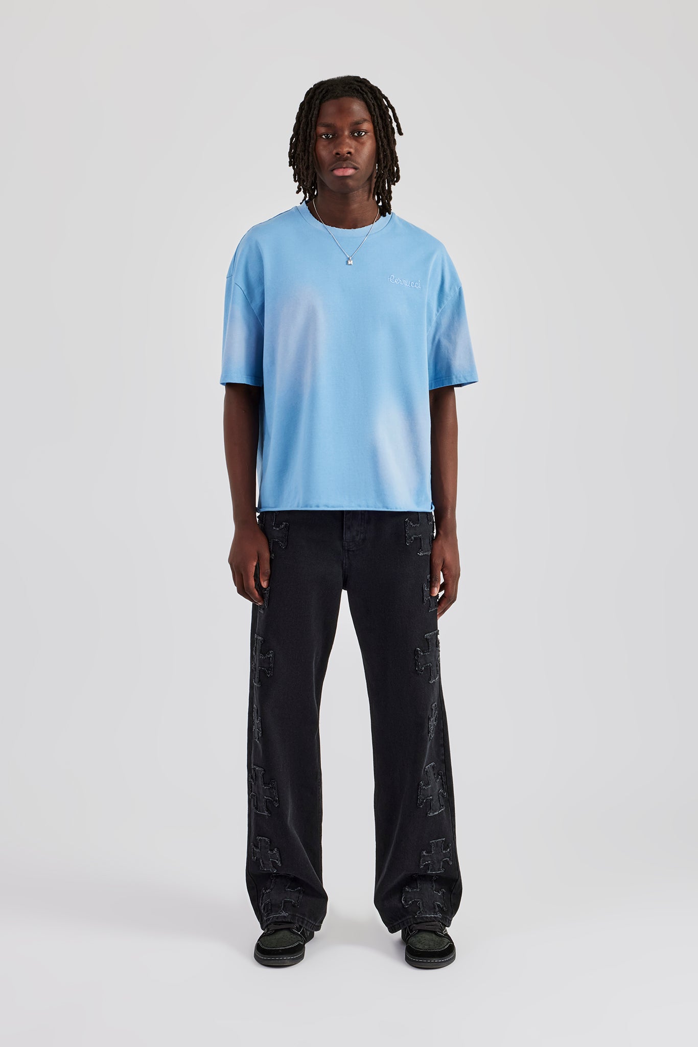 Washed Applique Boxy T-Shirt - Blue | Mens Tees & Vests | Shop T
