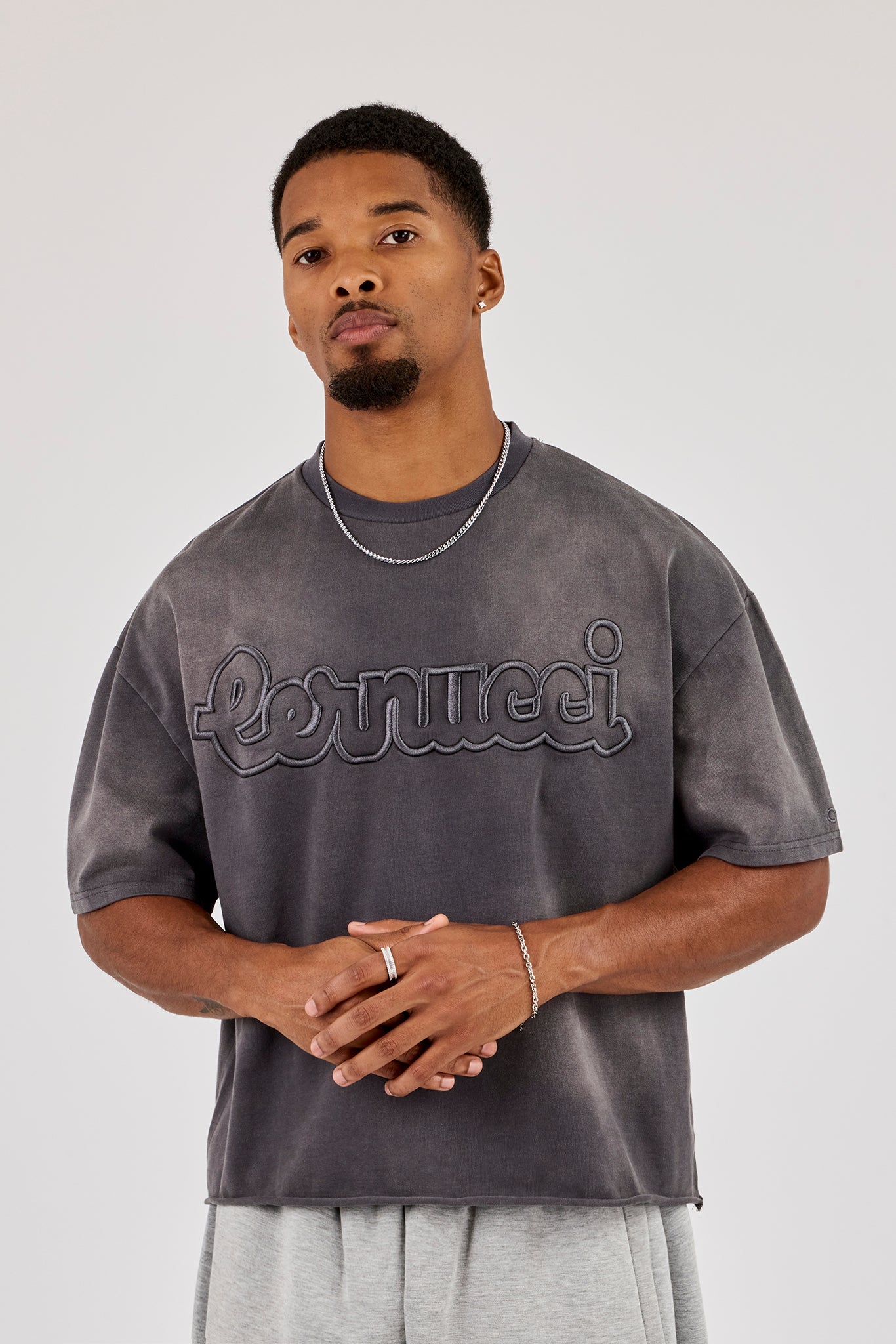 Boxy Washed Embroidered T-Shirt - Grey