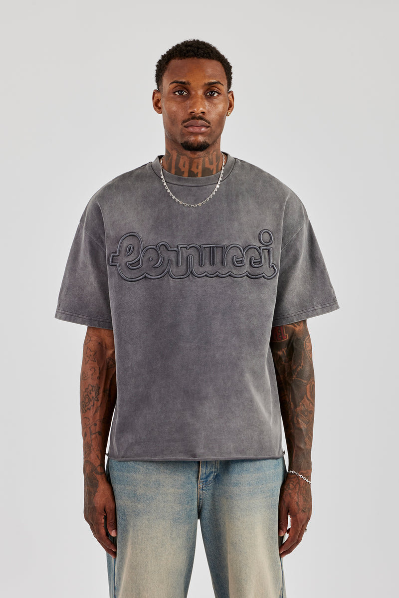 Boxy Washed Embroidered T-Shirt - Grey