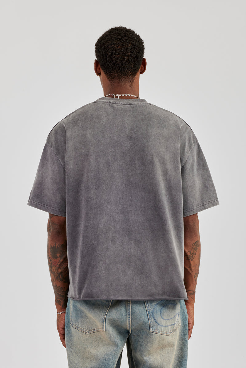 Boxy Washed Embroidered T-Shirt - Grey