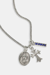 Multi Cross, Medal & Blue CZ Necklace - 15mm - White