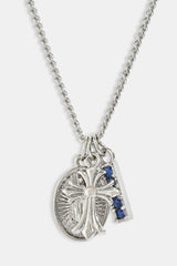 Multi Cross, Medal & Blue CZ Necklace - 15mm - White