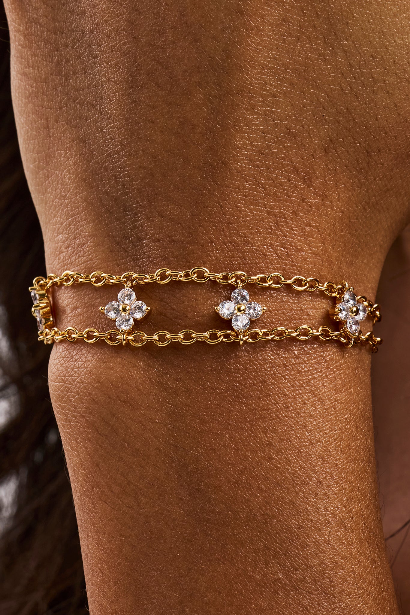 Double Layer Floral Motif Rolo Bracelet - 3mm - Gold