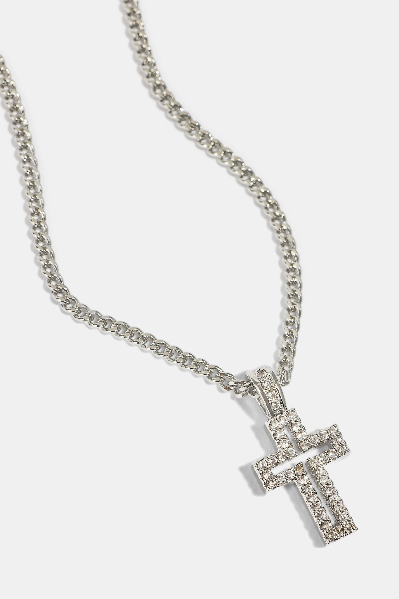 Micro Iced Outline Cross Necklace - 15mm - White