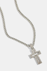 Micro Iced Outline Cross Necklace - 15mm - White