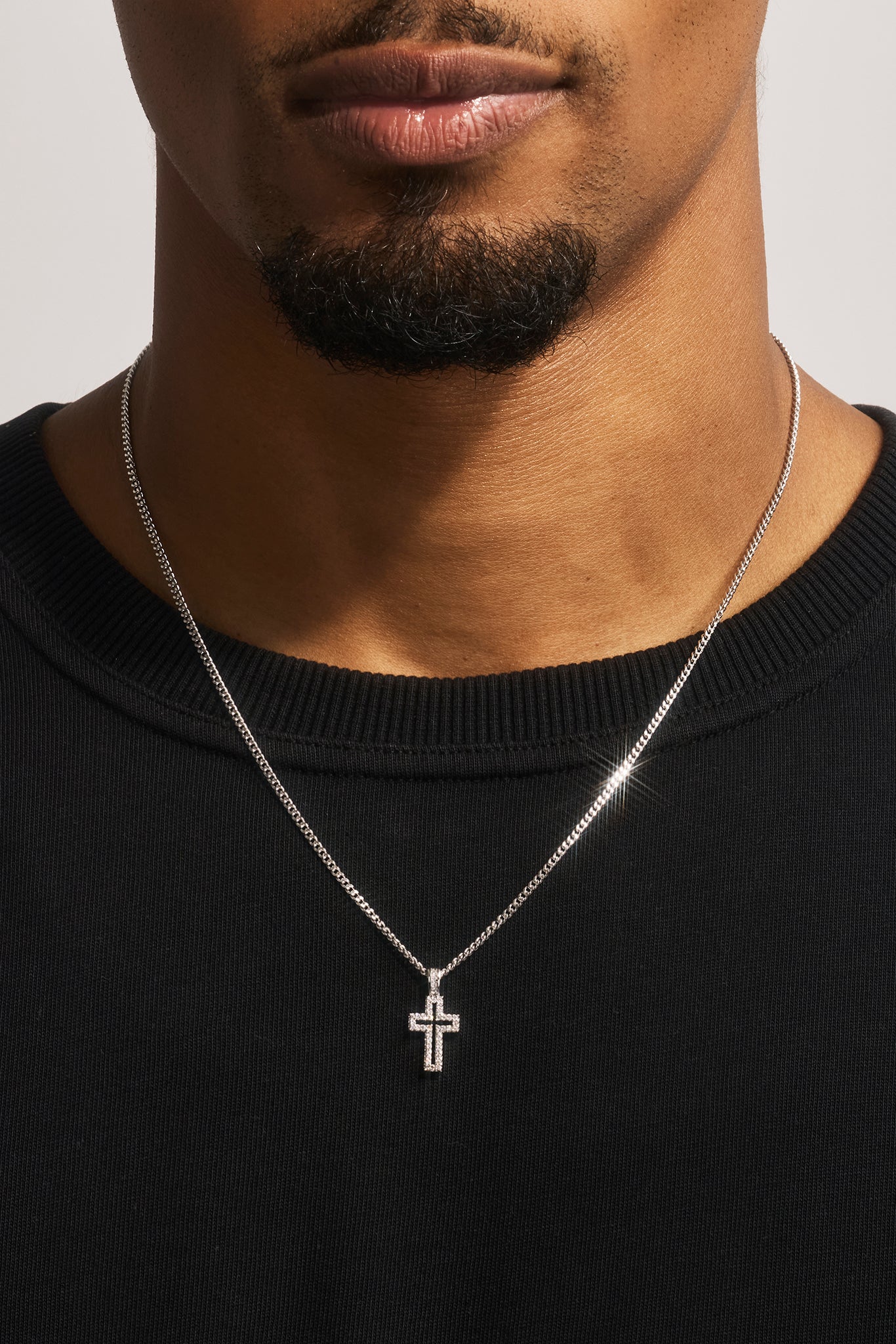 Micro Iced Outline Cross Necklace - 15mm - White