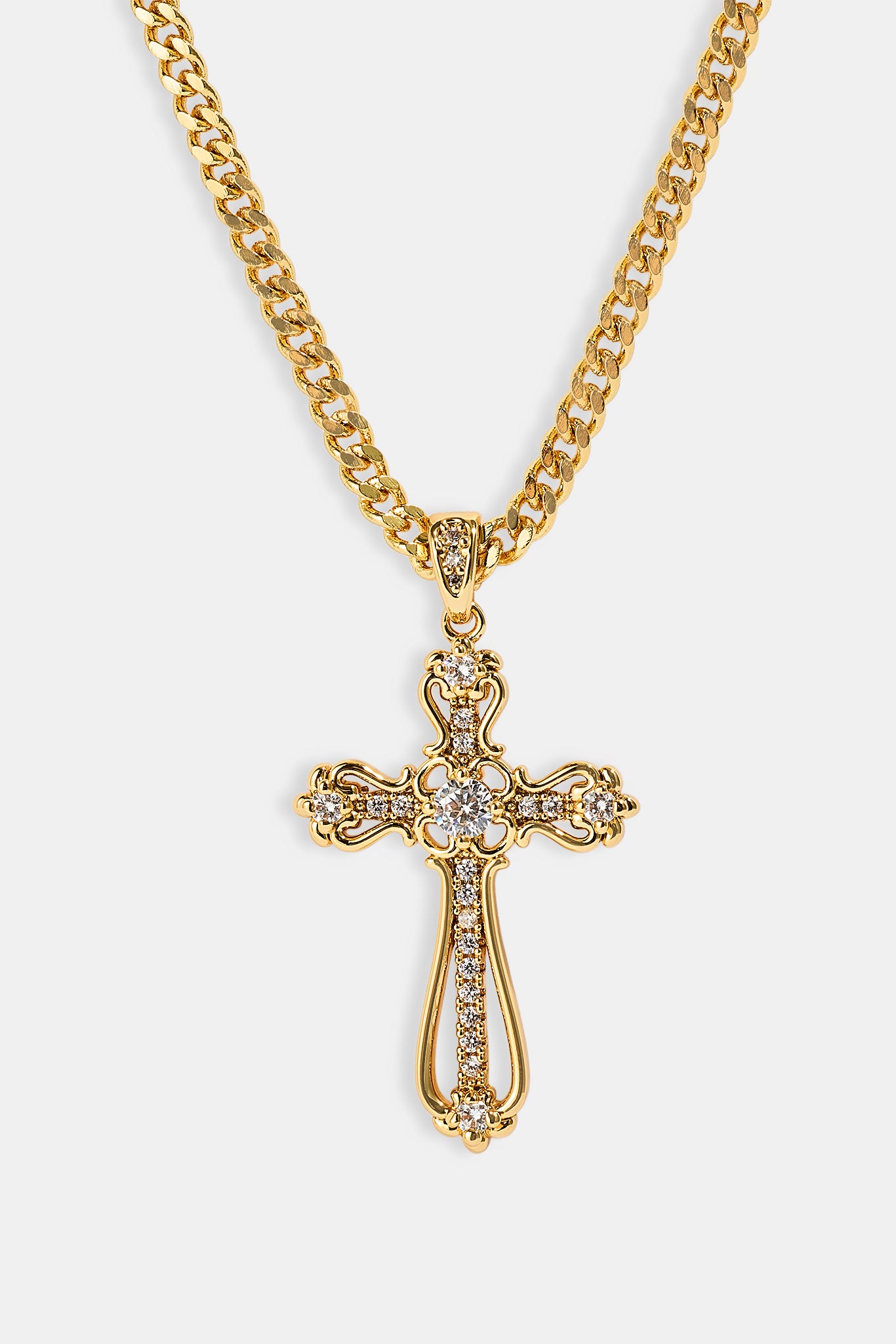 Iced Round Edge Cross Necklace - 30mm - Gold