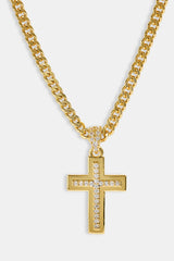Stacked Polished & Iced Cross Necklace - 20mm - Gold