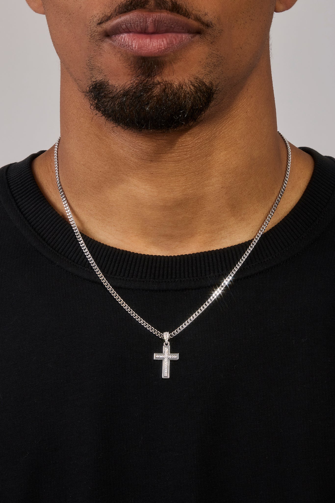 Stacked Polished & Iced Cross Necklace - 20mm - White