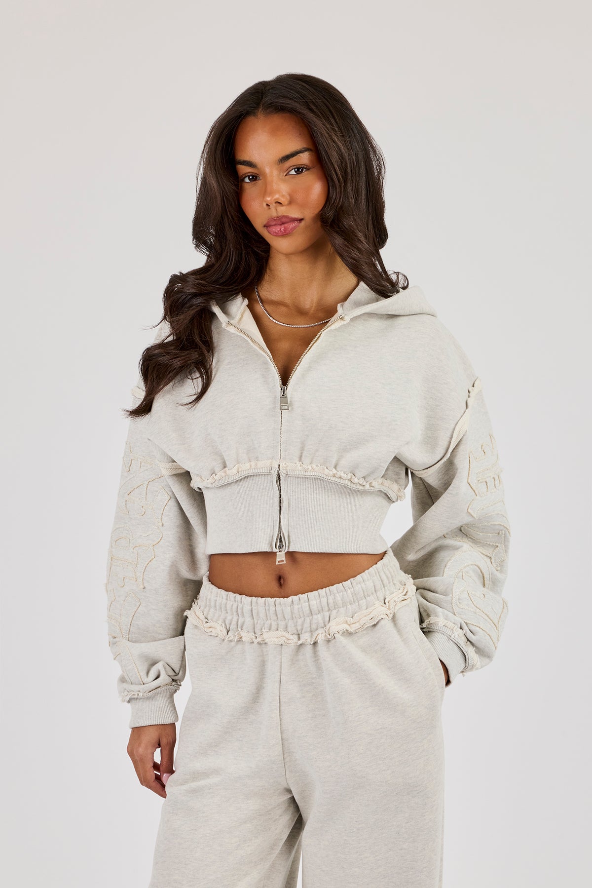 Raw Edge Applique Cropped Zip Through Hoodie - Ash Grey | Womens 