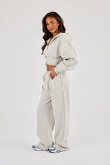 Raw Edge Applique Cropped Zip Through Hoodie & Wide Leg Jogger - Ash Grey