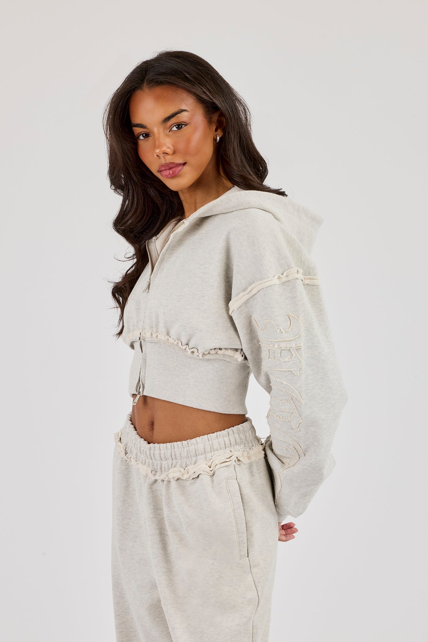 Raw Edge Applique Cropped Zip Through Hoodie - Ash Grey | Womens