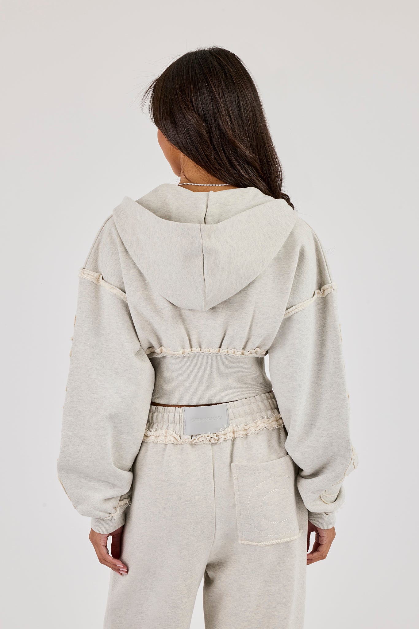 Raw Edge Applique Cropped Zip Through Hoodie - Ash Grey | Womens