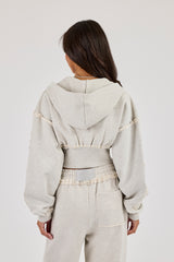 Raw Edge Applique Cropped Zip Through Hoodie - Ash Grey