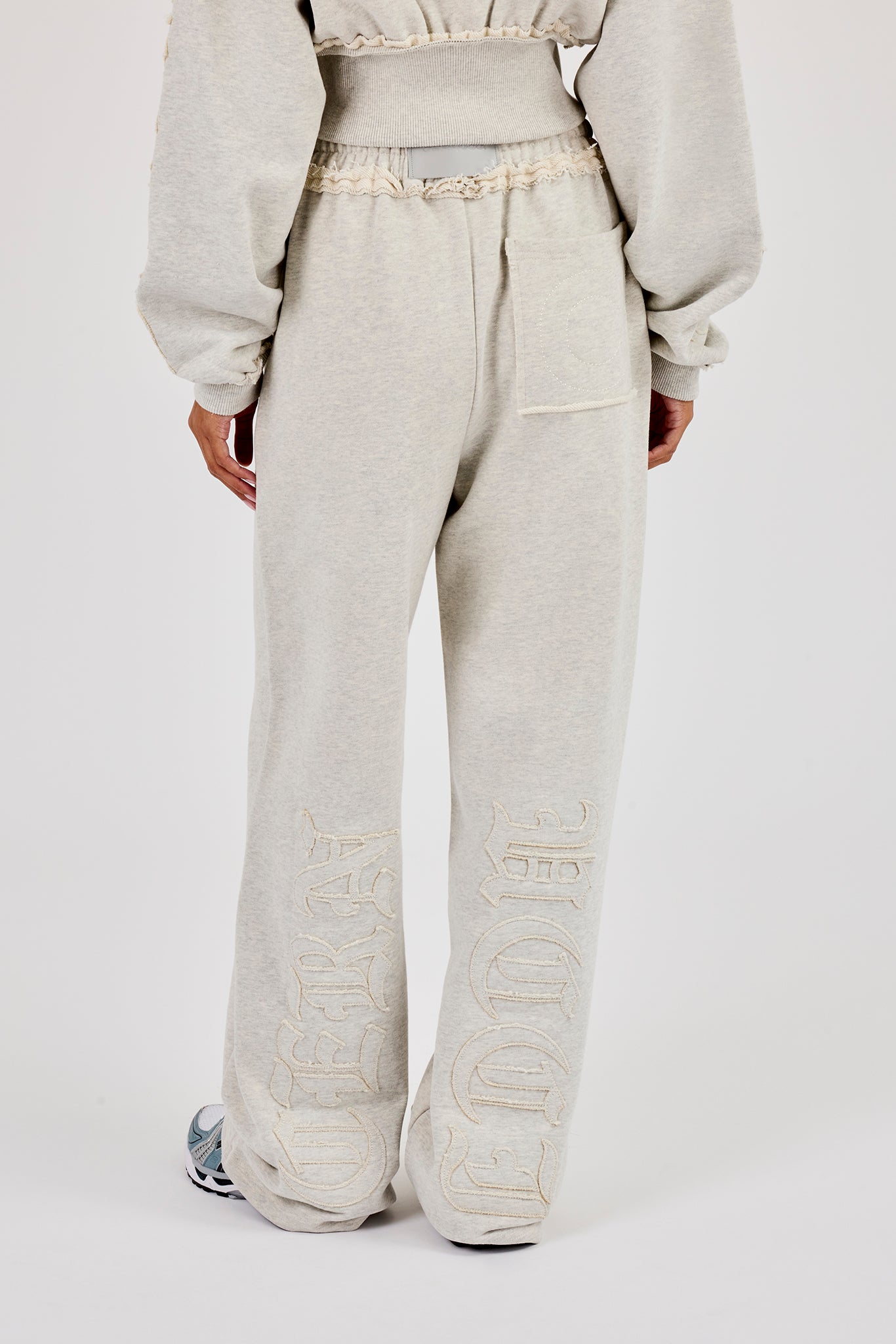 Raw Edge Applique Cropped Zip Through Hoodie & Wide Leg Jogger - Ash Grey
