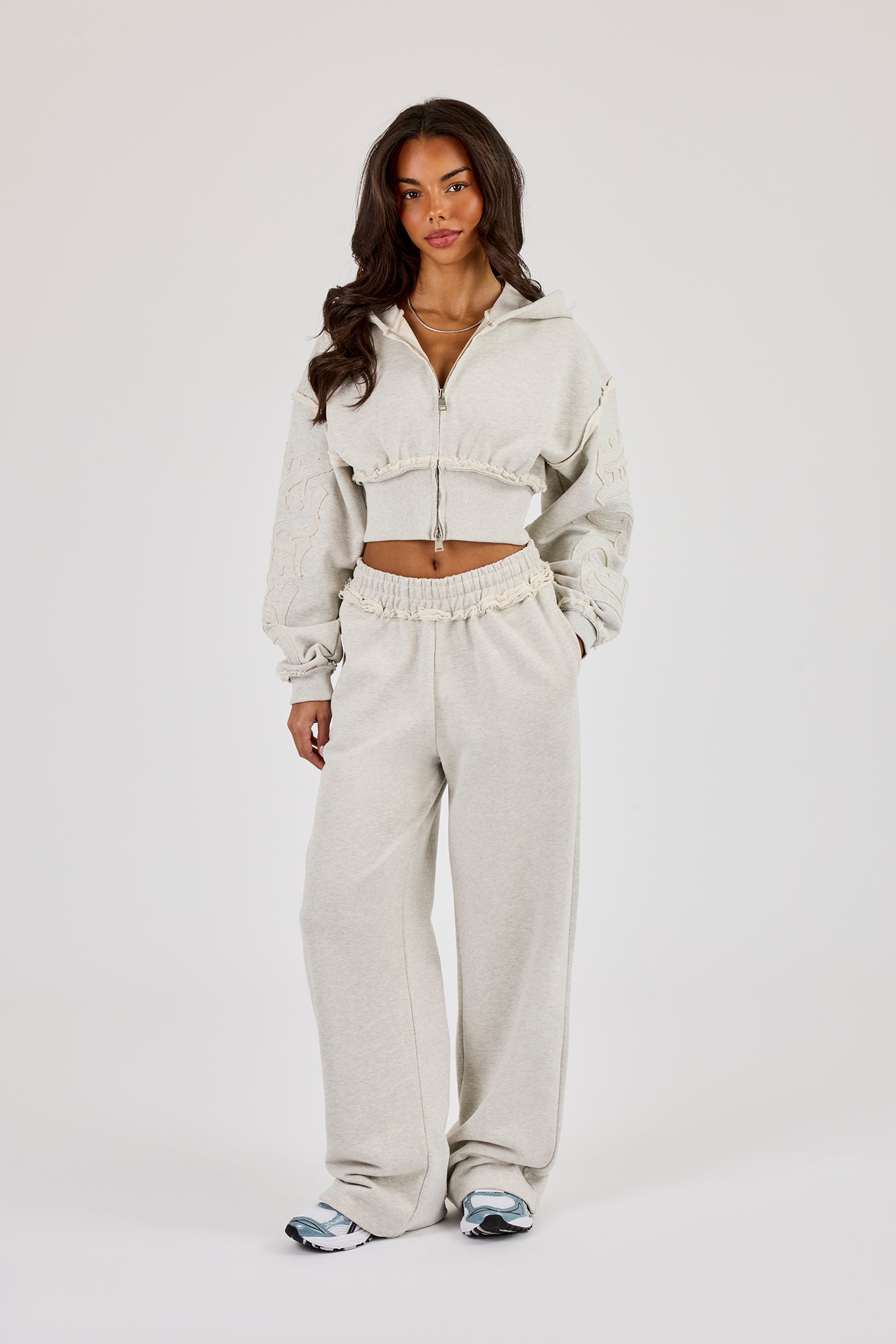 Raw Edge Applique Cropped Zip Through Hoodie & Wide Leg Jogger - Ash Grey