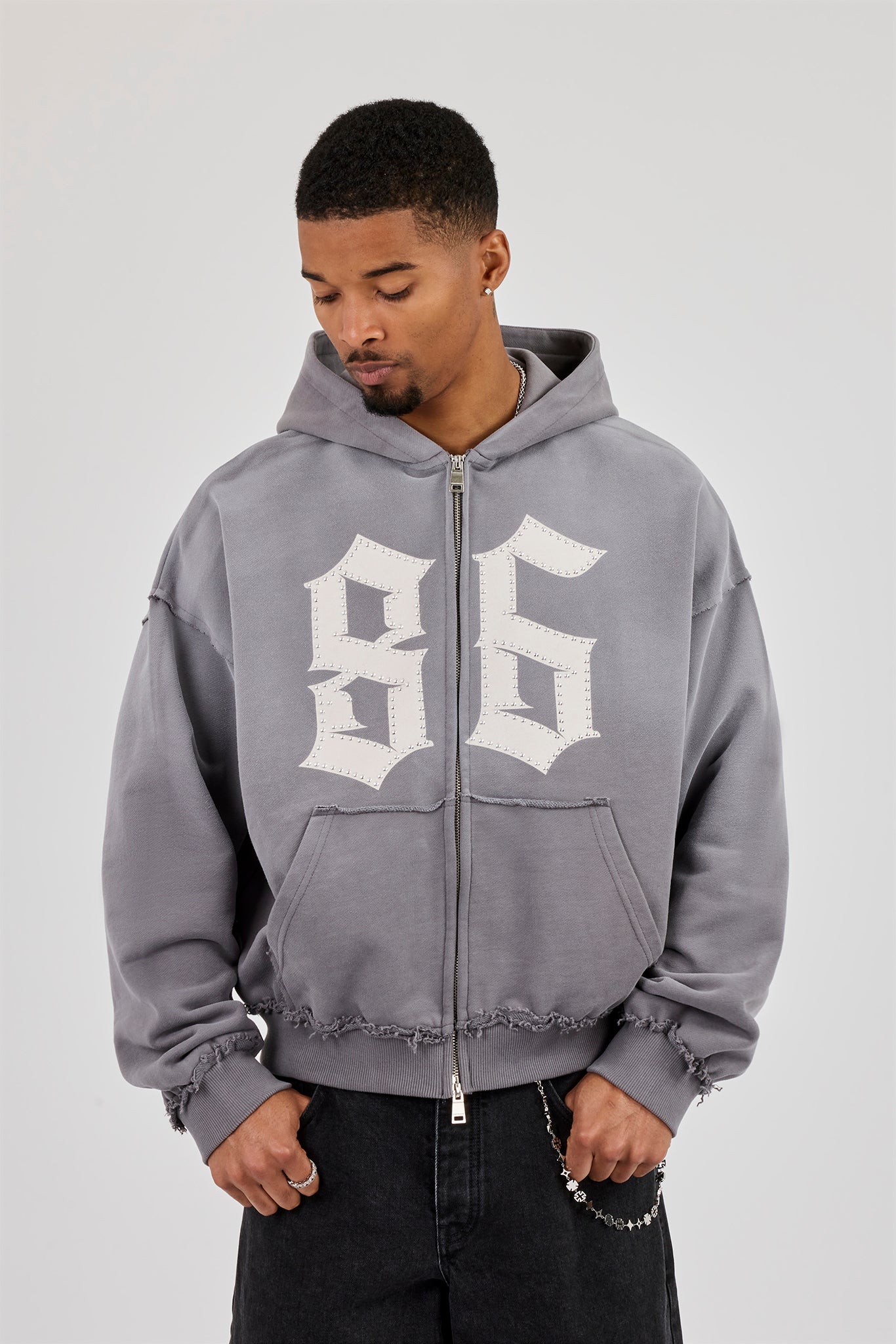 Washed Distressed Stud Detail Zip Hoodie - Washed Grey