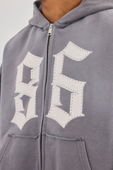Washed Distressed Stud Detail Zip Hoodie - Washed Grey
