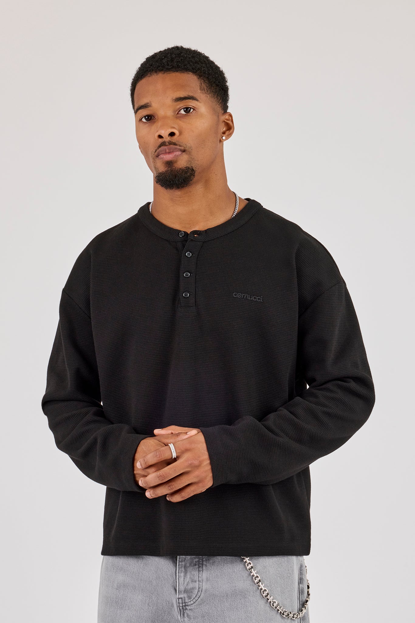 Long Sleeve Waffle Embroidered Henley - Black | Mens Tees & Vests
