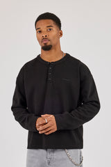 Long Sleeve Waffle Embroidered Henley - Black