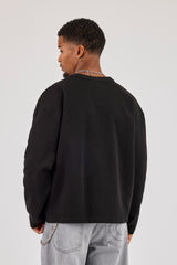 Long Sleeve Waffle Embroidered Henley - Black