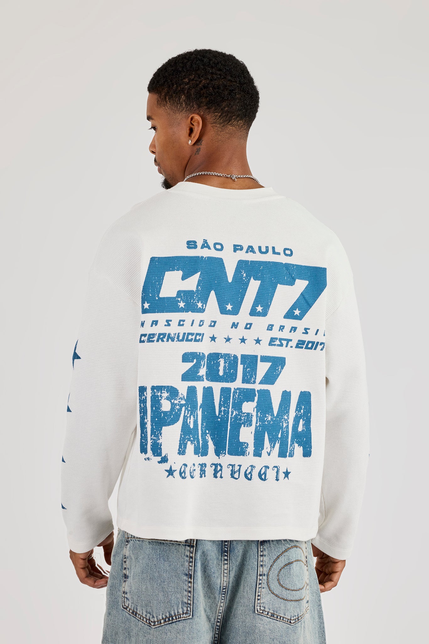 Ipanema Distressed Waffle Long Sleeve T-Shirt - Off White | Mens