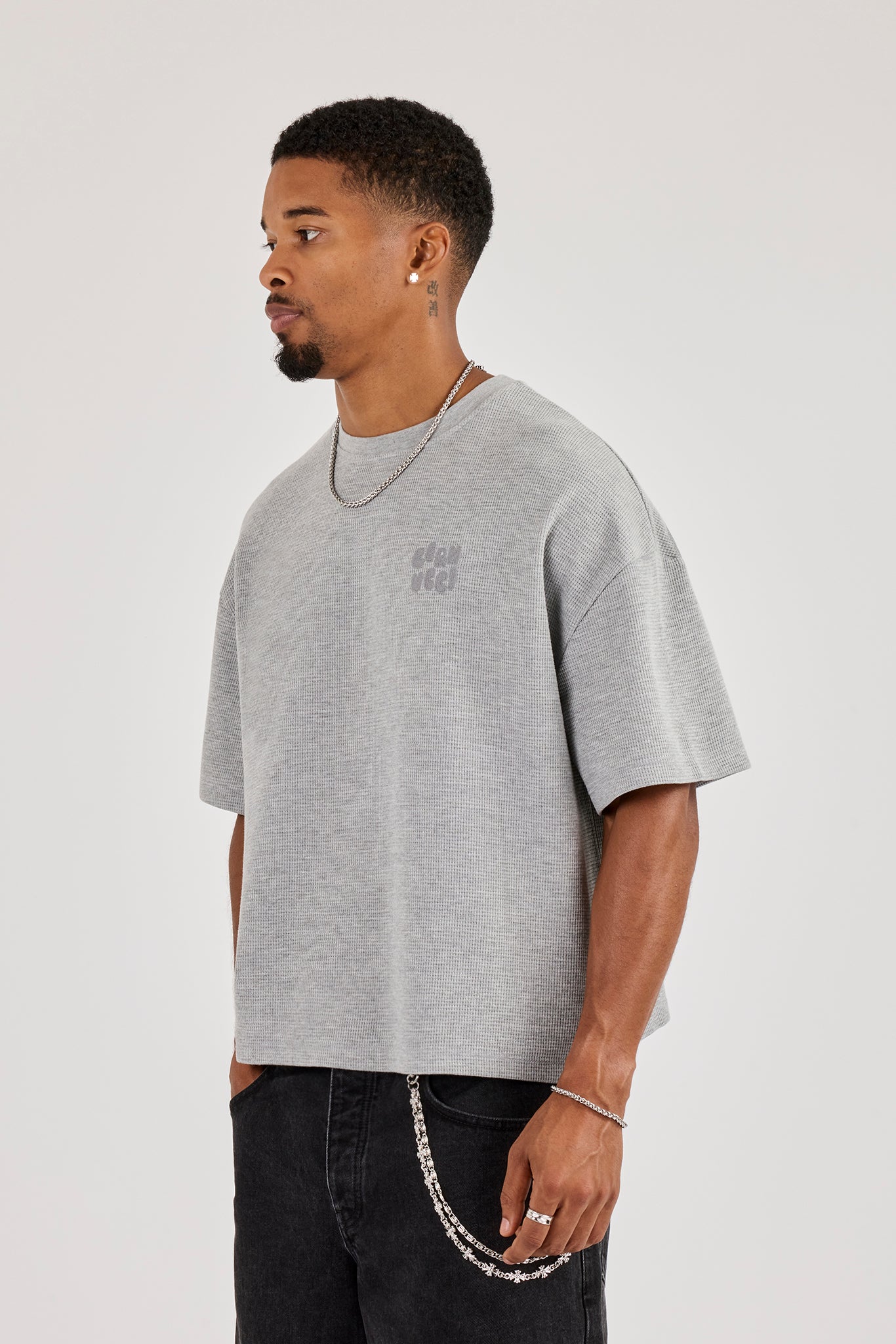 Chain Stitch Waffle Short Sleeve Boxy T-Shirt - Grey