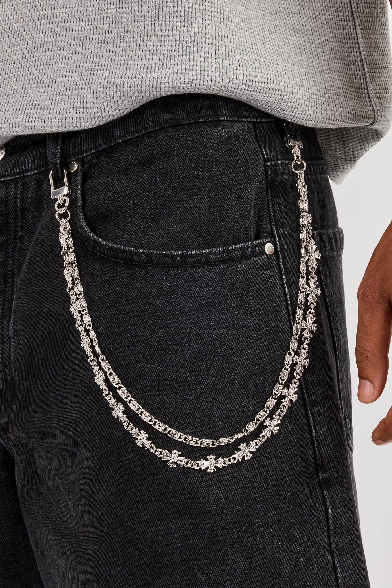 Denim Bermuda Jorts & 10mm Polished Double Layer Cross Motif Jean Chain - Washed Black