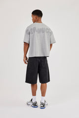 Chain Stitch Waffle Short Sleeve Boxy T-Shirt - Grey