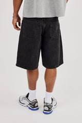 Denim Bermuda Jorts & 10mm Polished Double Layer Cross Motif Jean Chain - Washed Black