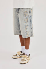 Logo Applique Denim Jorts & 40mm Polished Drop Triple Cross Jean Chain - Antique Wash