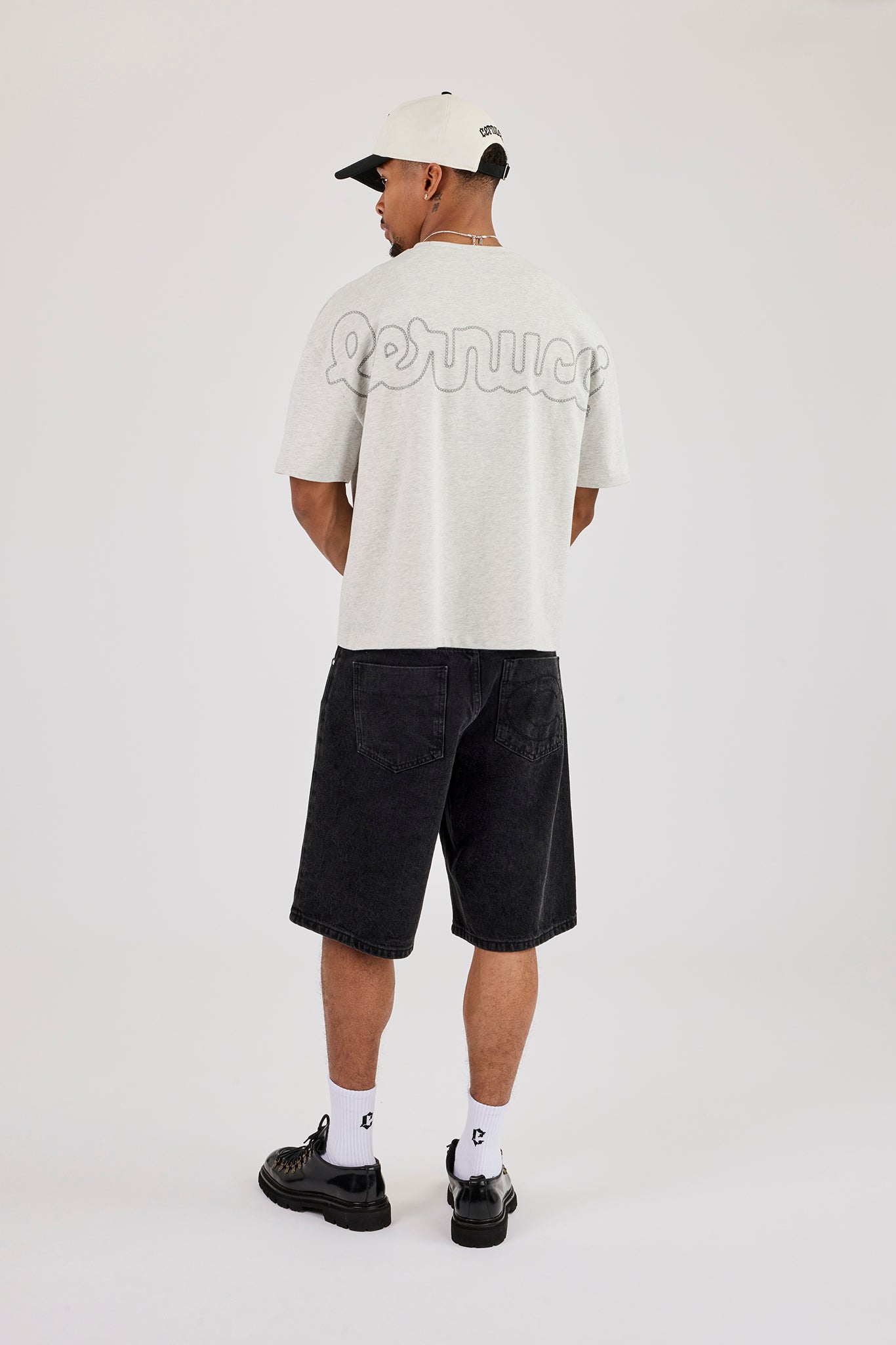 Boxy Embroidered Motif Logo T-Shirt - Grey Marl