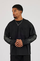 Long Sleeve Embroidered Pocket T-Shirt - Washed Black