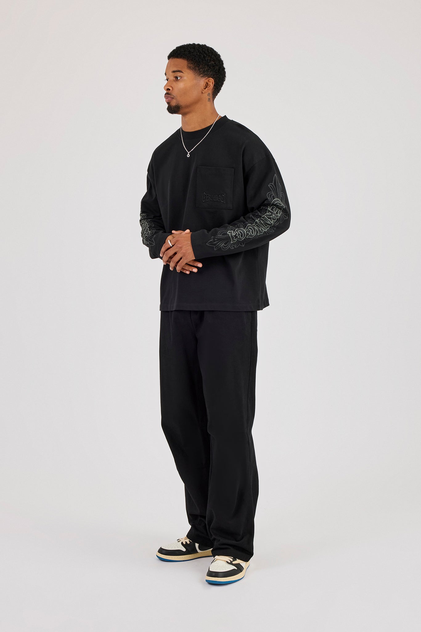 Long Sleeve Embroidered Pocket T-Shirt - Washed Black