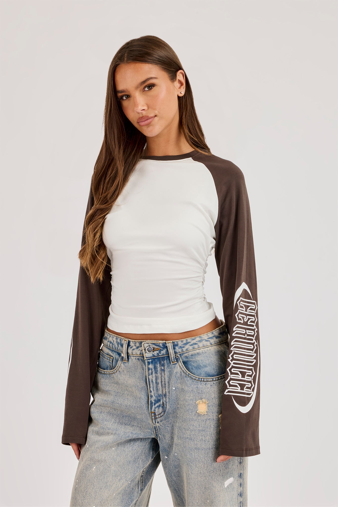Cinched Waist Raglan Long Sleeve T-Shirt - Chocolate