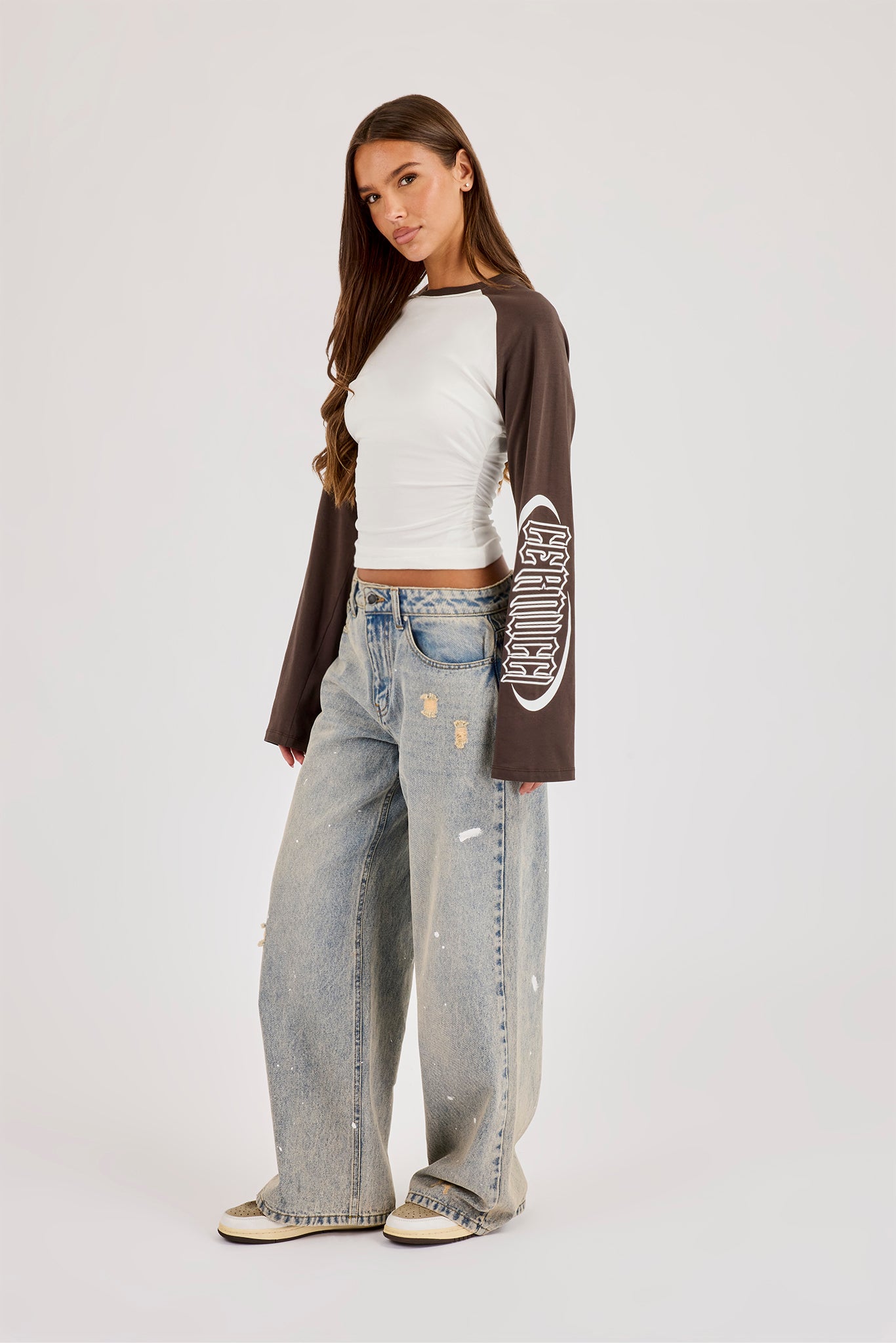 Cinched Waist Raglan Long Sleeve T-Shirt - Chocolate