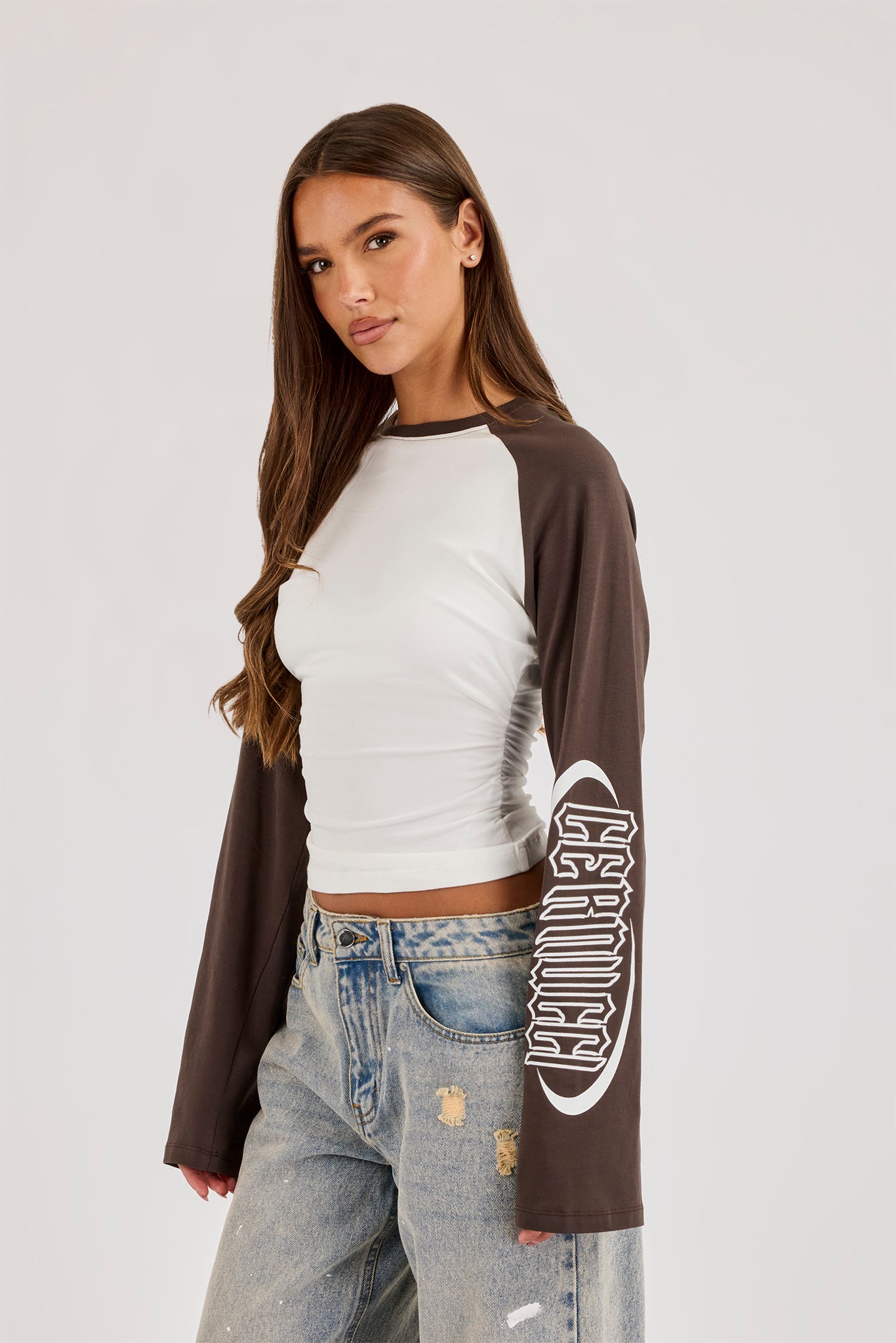 Cinched Waist Raglan Long Sleeve T-Shirt - Chocolate