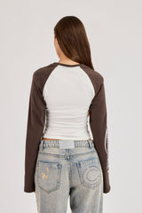 Cinched Waist Raglan Long Sleeve T-Shirt - Chocolate