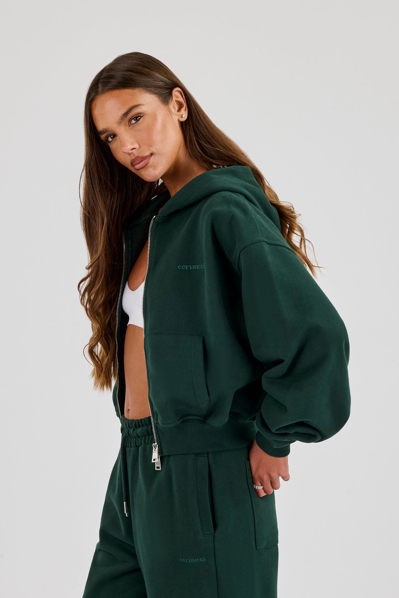 Cernucci Cropped Zip Through Hoodie - Alpine Green