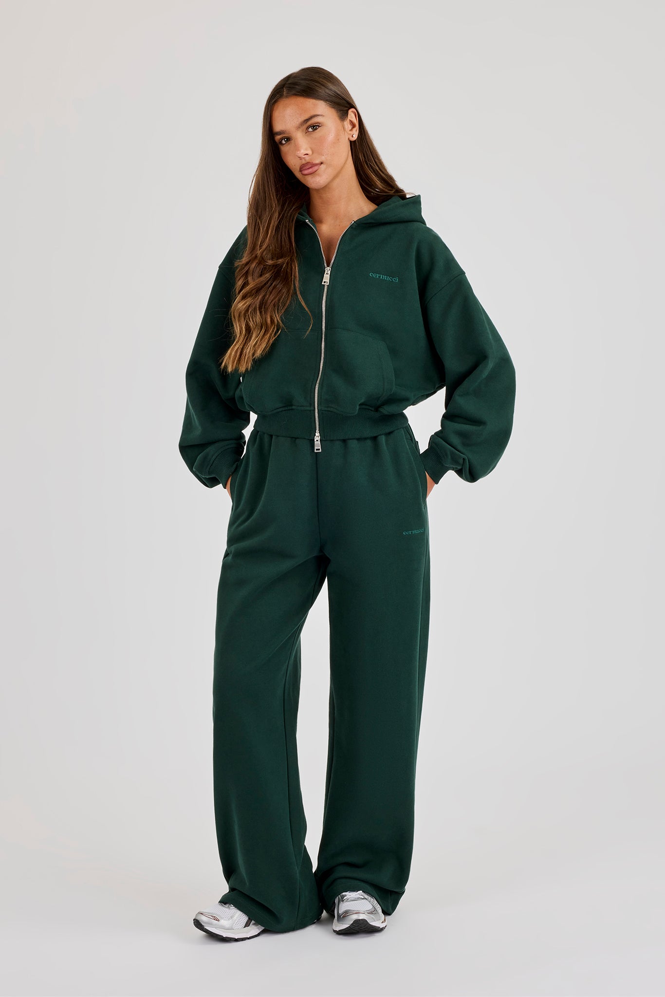 Cernucci Cropped Zip Through Hoodie & Wide Leg Jogger – Alpine Green