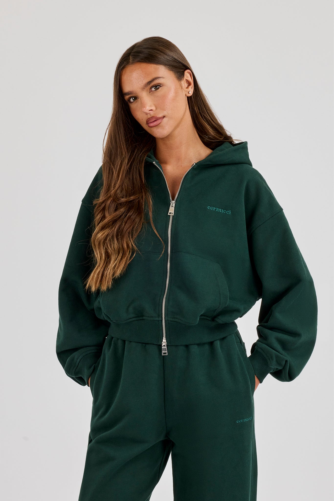 Cernucci Cropped Zip Through Hoodie - Alpine Green