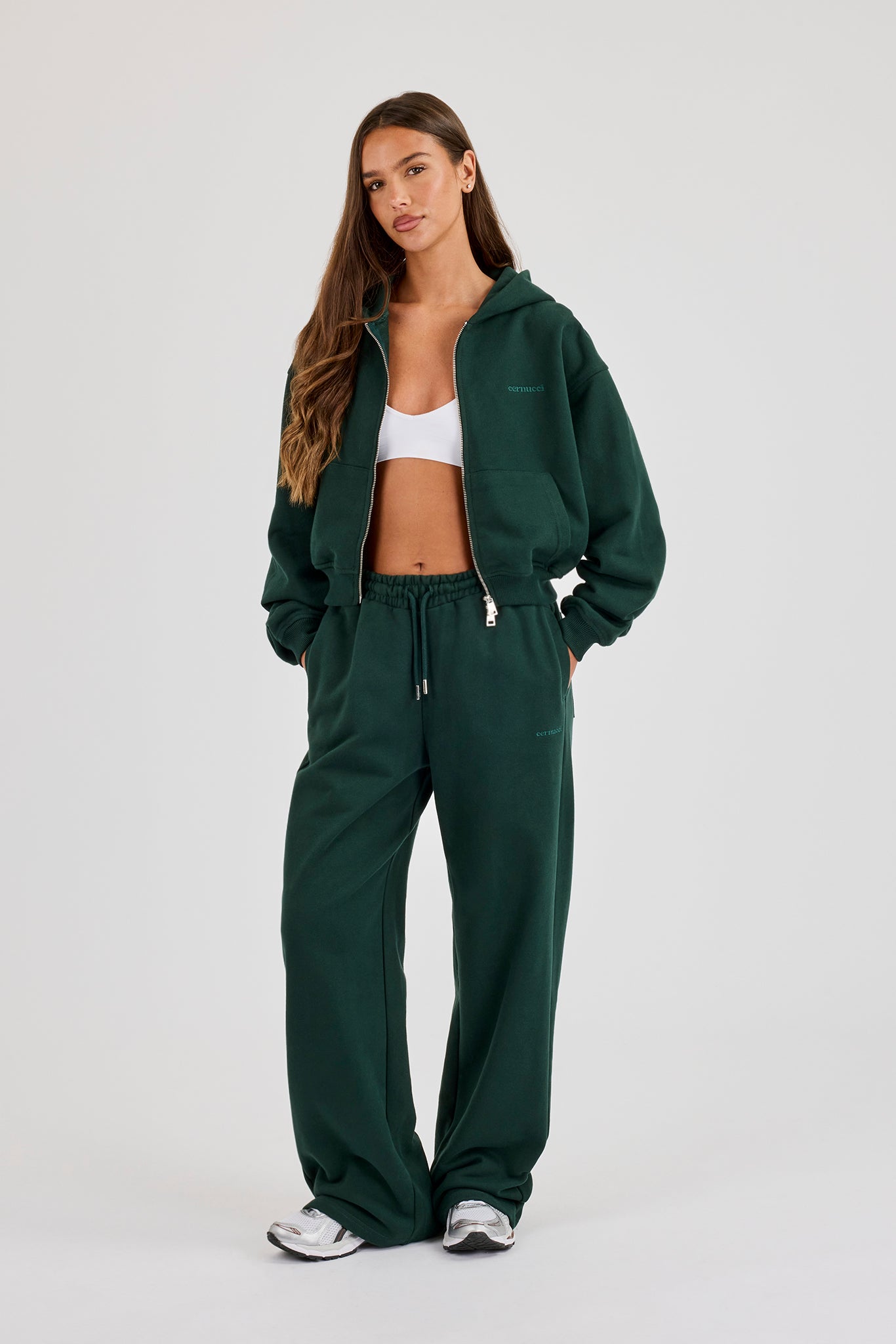 Cernucci Cropped Zip Through Hoodie & Wide Leg Jogger – Alpine Green