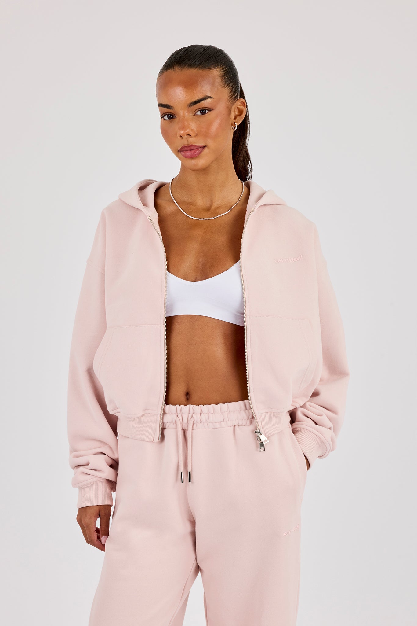 Cernucci Cropped Zip Through Hoodie - Dusty Pink
