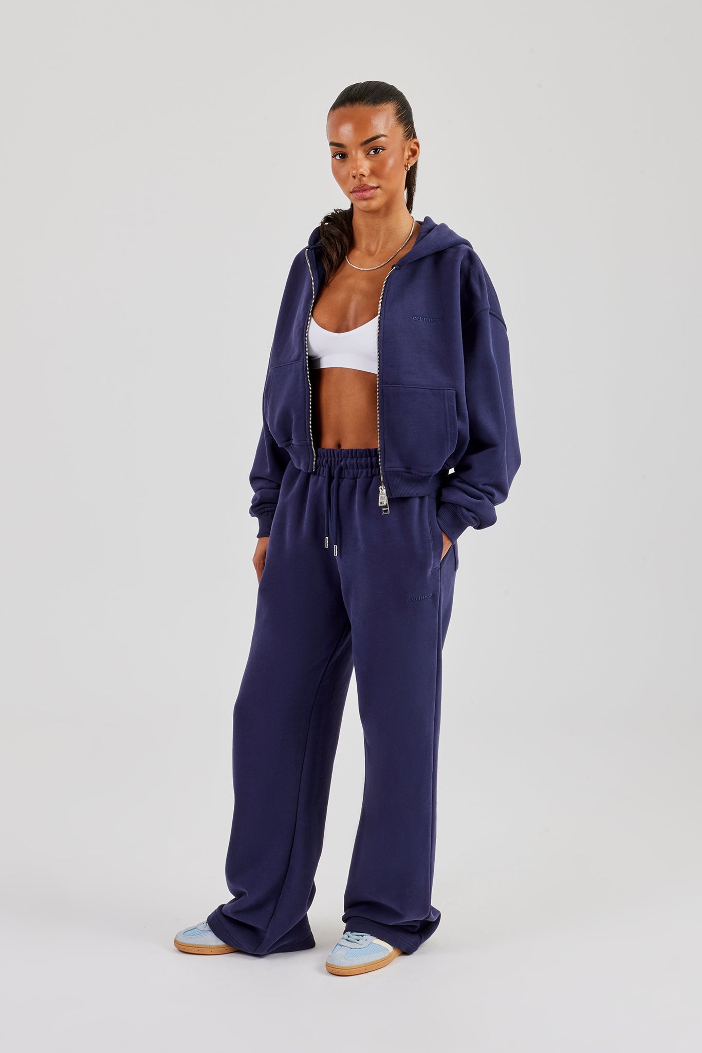 Cernucci Cropped Zip Through Hoodie & Wide Leg Jogger - Navy