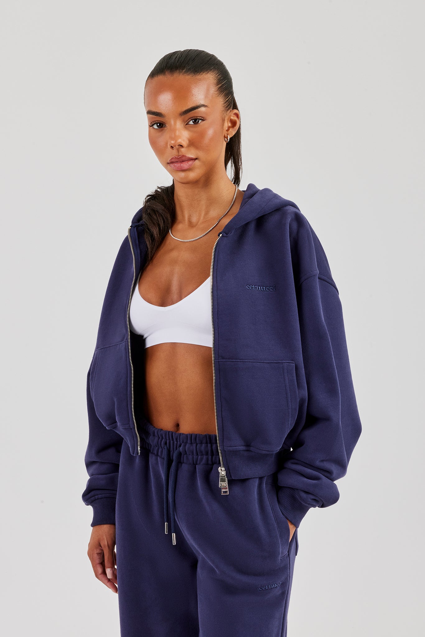 Cernucci Cropped Zip Through Hoodie - Navy