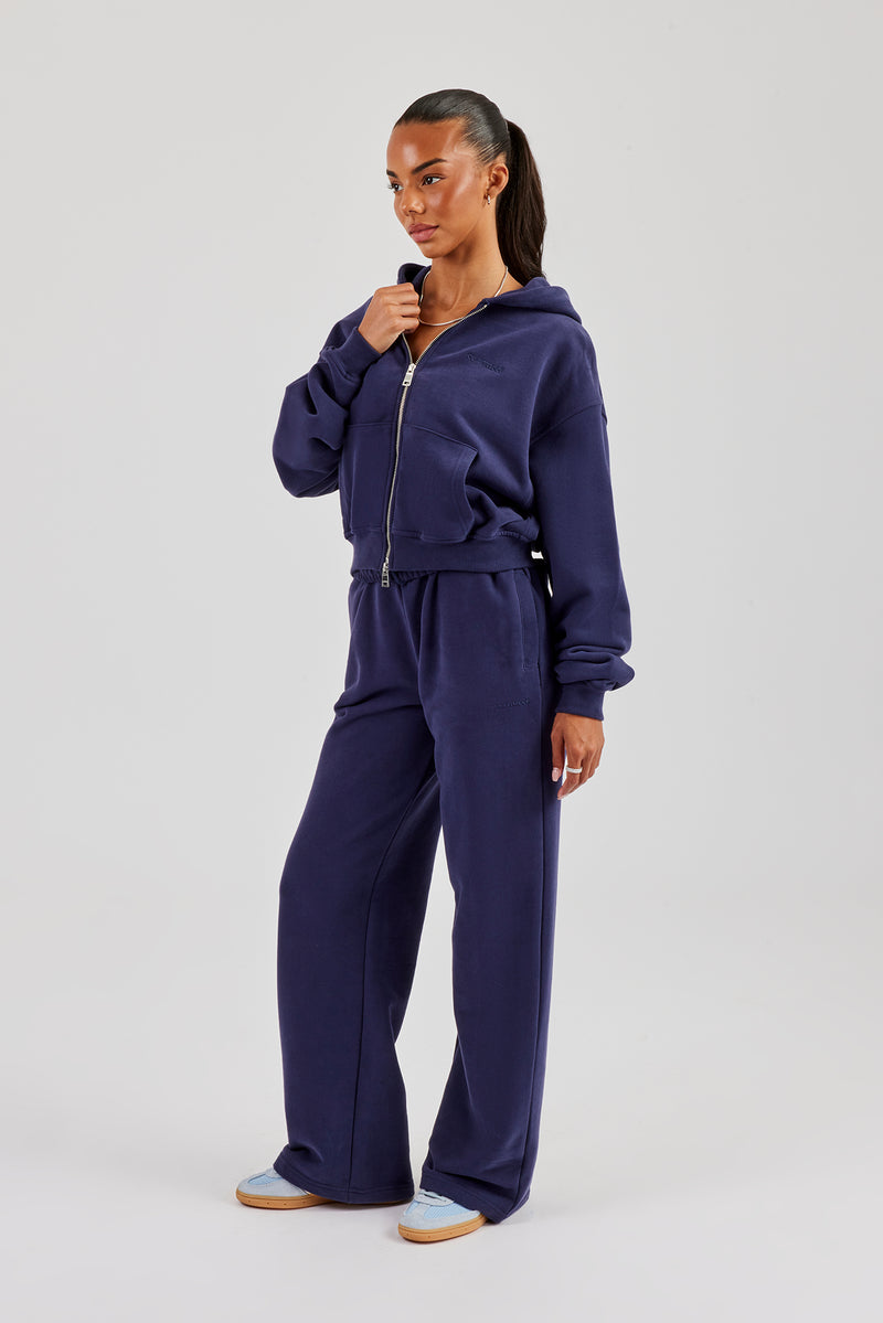 Cernucci Cropped Zip Through Hoodie & Wide Leg Jogger - Navy