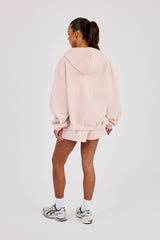 Oversized Zip-Through-Kapuzenpullover & bestickte Shorts – Dusty Pink