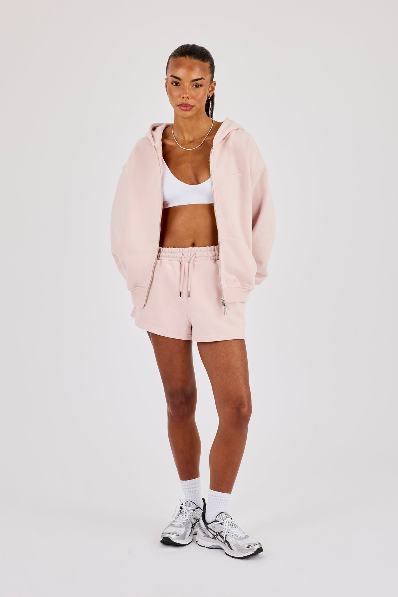 Oversized Zip Through Hoodie & Embroidered Short - Dusty Pink
