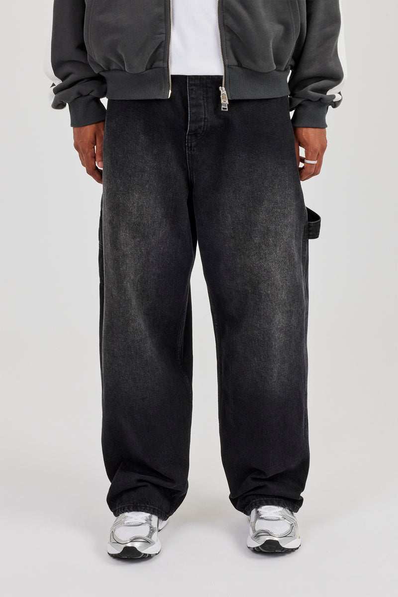 Super Baggy Carpenter Detail Jeans - Washed Black